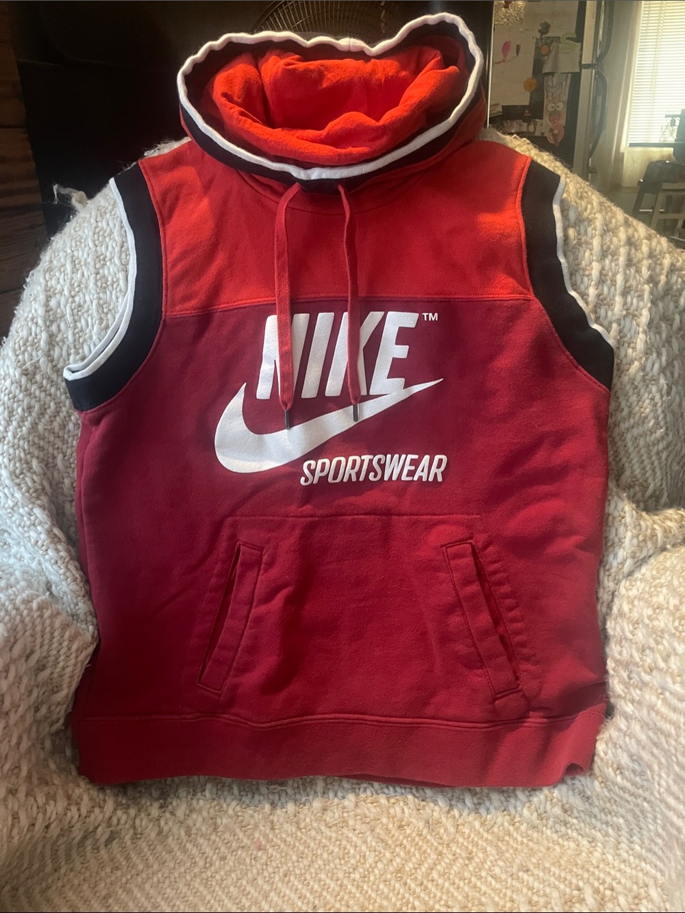 Y2K Nike Two-toned Red Sleeveless Sports Hoodie with White Logo